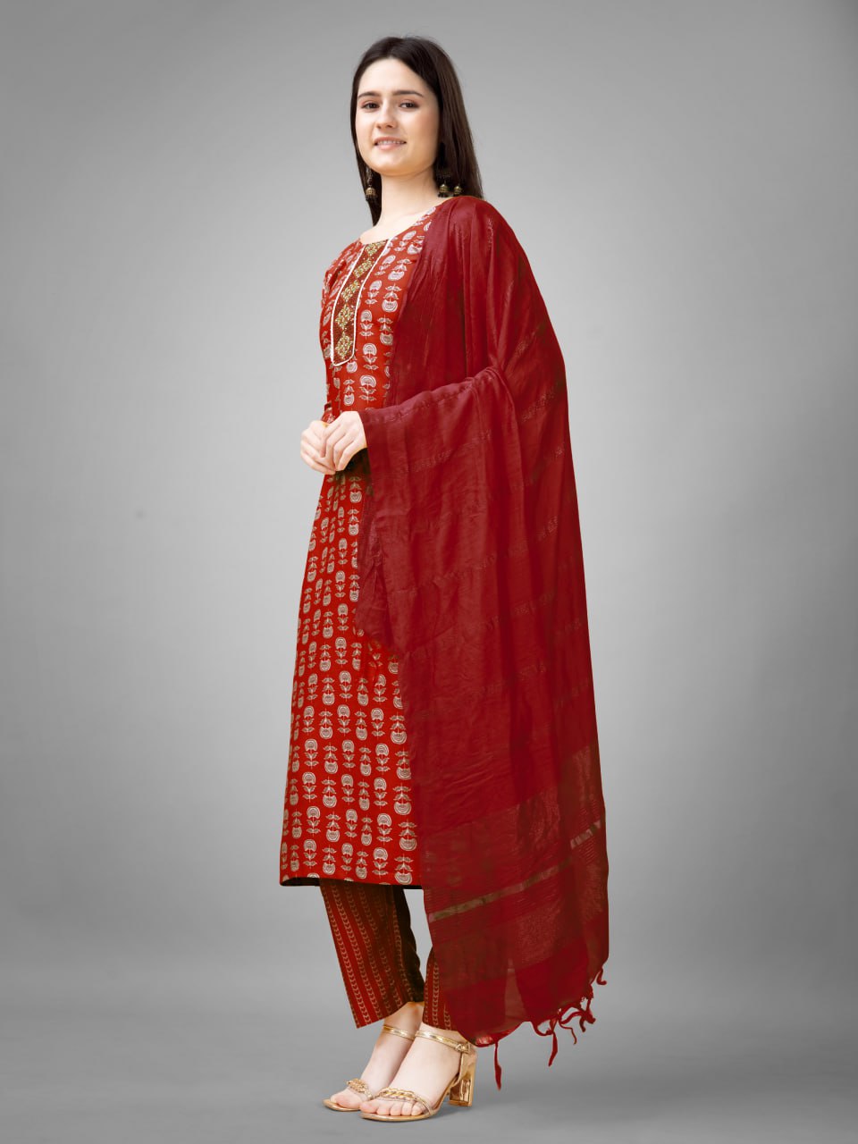 Maroon Colour Rayon Print With Embroidery and Fancy Lace Work Kurti Pant Dupatta