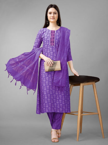 Purple Colour Rayon Print With Embroidery and Fancy Lace Work Kurti Pant Dupatta