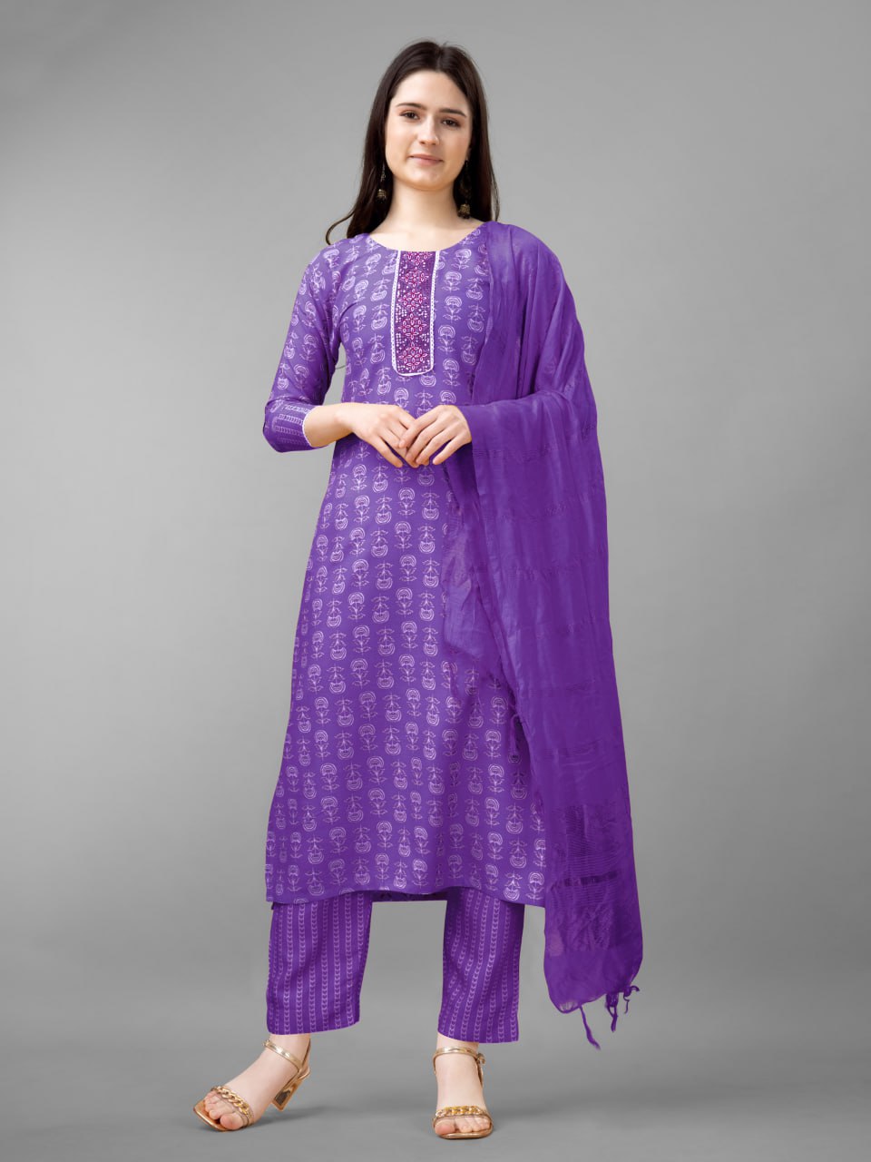 Purple Colour Rayon Print With Embroidery and Fancy Lace Work Kurti Pant Dupatta