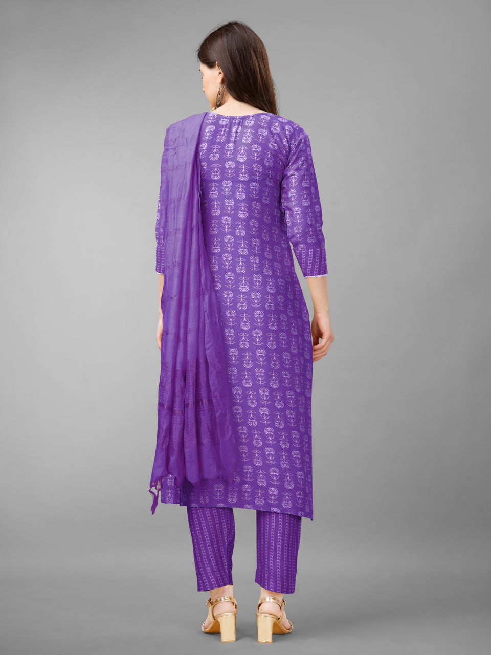 Purple Colour Rayon Print With Embroidery and Fancy Lace Work Kurti Pant Dupatta