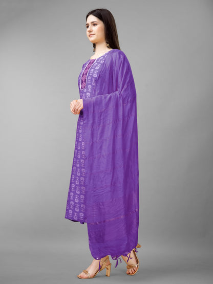 Purple Colour Rayon Print With Embroidery and Fancy Lace Work Kurti Pant Dupatta