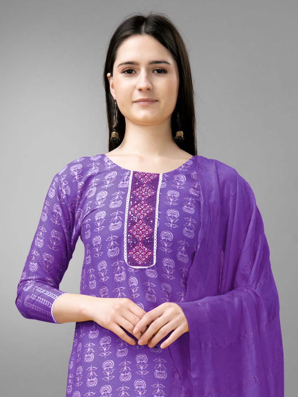 Purple Colour Rayon Print With Embroidery and Fancy Lace Work Kurti Pant Dupatta