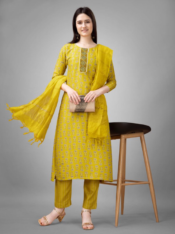 Yellow Colour Rayon Print With Embroidery and Fancy Lace Work Kurti Pant Dupatta