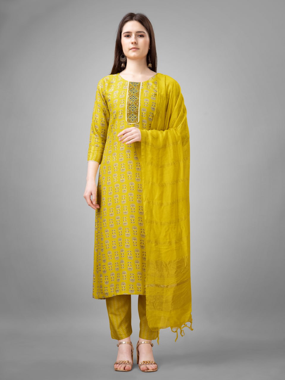 Yellow Colour Rayon Print With Embroidery and Fancy Lace Work Kurti Pant Dupatta