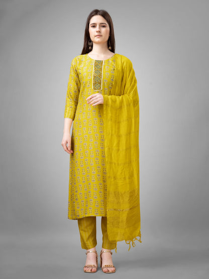 Yellow Colour Rayon Print With Embroidery and Fancy Lace Work Kurti Pant Dupatta