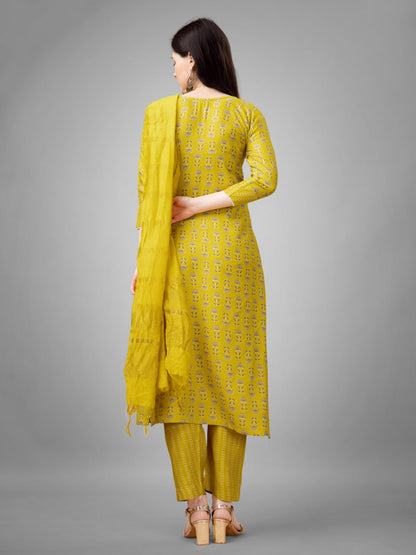 Yellow Colour Rayon Print With Embroidery and Fancy Lace Work Kurti Pant Dupatta