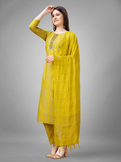 Yellow Colour Rayon Print With Embroidery and Fancy Lace Work Kurti Pant Dupatta