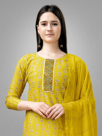 Yellow Colour Rayon Print With Embroidery and Fancy Lace Work Kurti Pant Dupatta