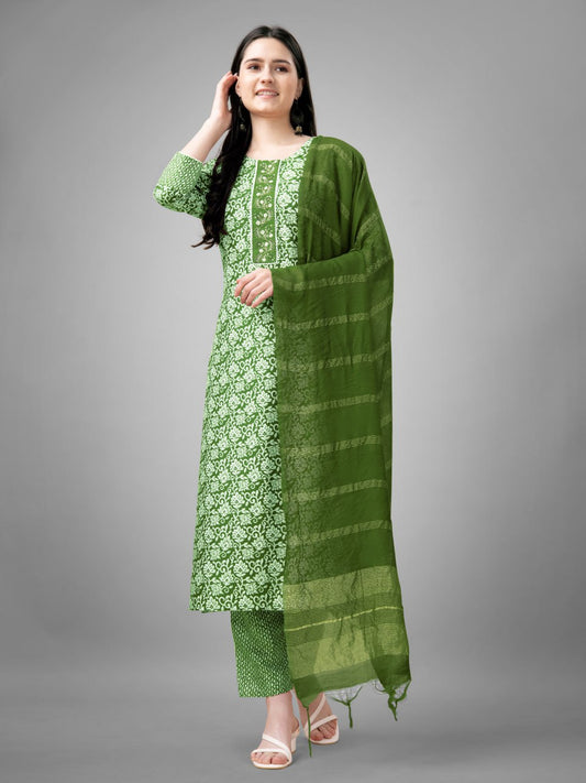 Green Colour Rayon Print With Embroidery and Fancy Lace Work Kurti Pant Dupatta