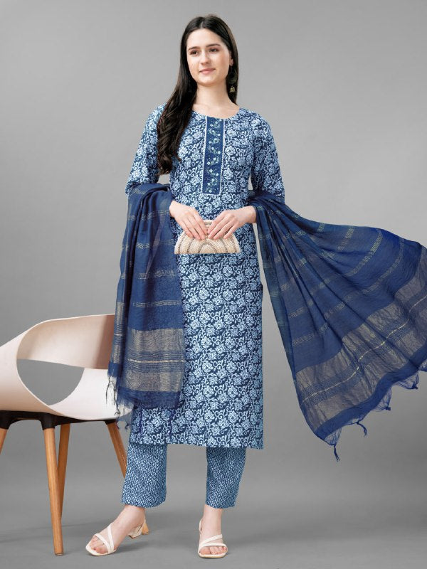Light Blue Colour Rayon Print With Embroidery and Fancy Lace Work Kurti Pant Dupatta