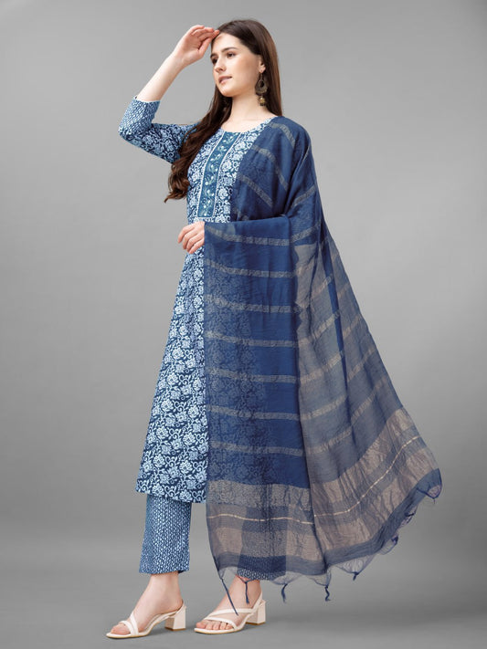 Light Blue Colour Rayon Print With Embroidery and Fancy Lace Work Kurti Pant Dupatta