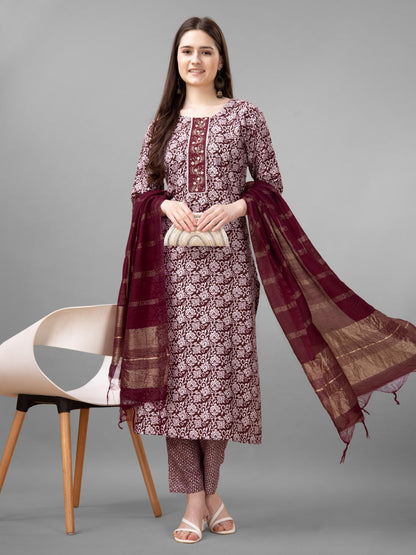 Maroon Colour Rayon Print With Embroidery and Fancy Lace Work Kurti Pant Dupatta