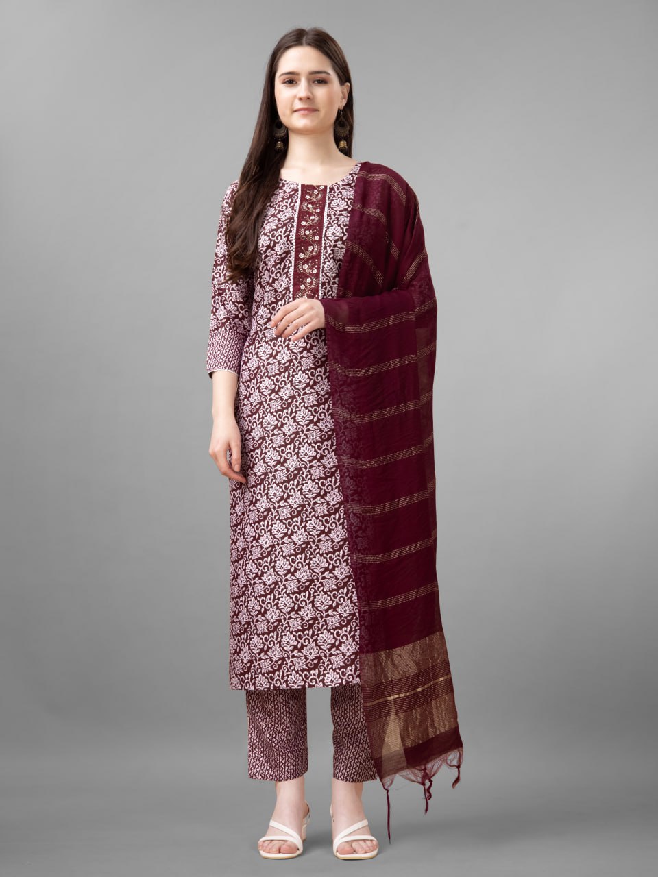 Maroon Colour Rayon Print With Embroidery and Fancy Lace Work Kurti Pant Dupatta