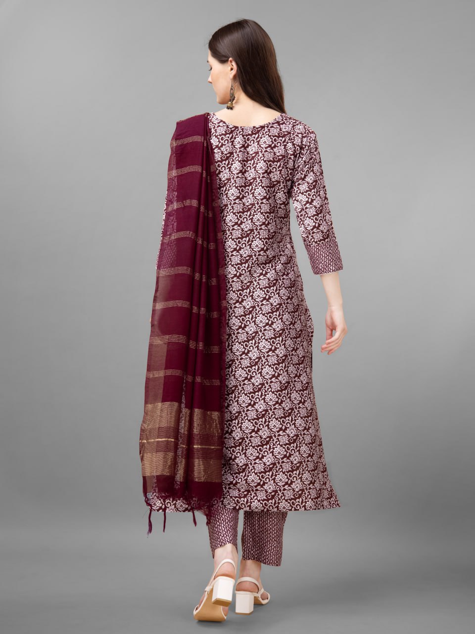 Maroon Colour Rayon Print With Embroidery and Fancy Lace Work Kurti Pant Dupatta