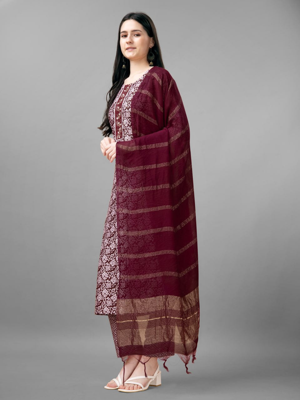 Maroon Colour Rayon Print With Embroidery and Fancy Lace Work Kurti Pant Dupatta