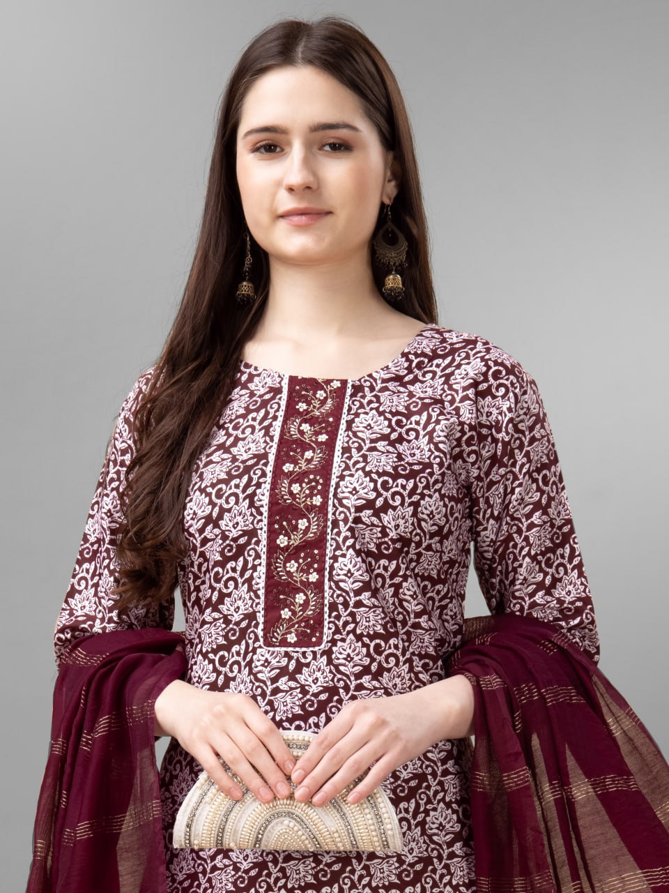 Maroon Colour Rayon Print With Embroidery and Fancy Lace Work Kurti Pant Dupatta