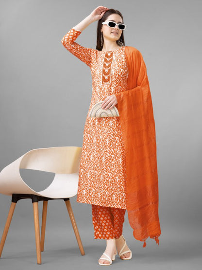 Orange Colour Rayon Print With Embroidery and Fancy Lace Work Kurti Pant Dupatta