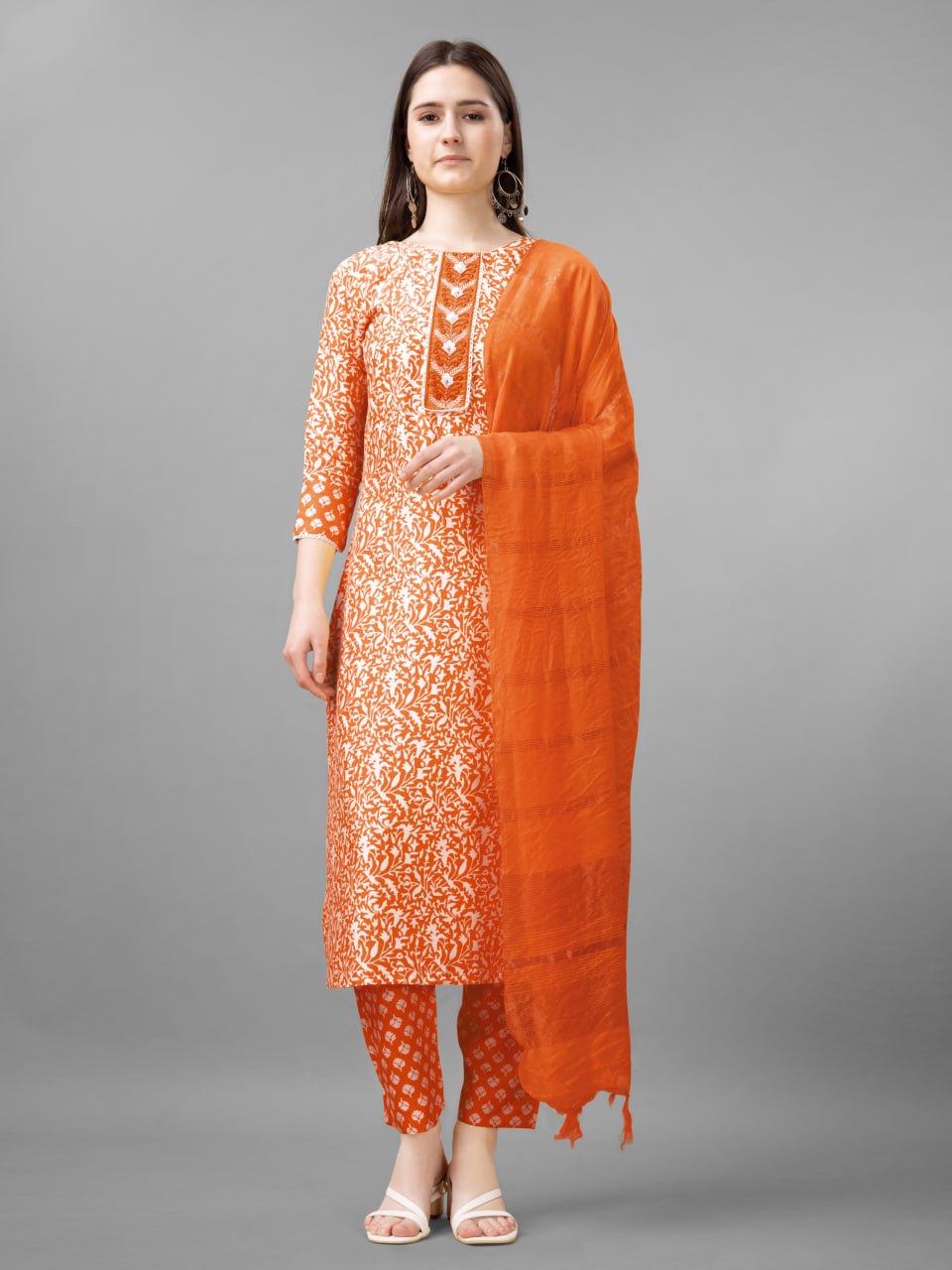 Orange Colour Rayon Print With Embroidery and Fancy Lace Work Kurti Pant Dupatta