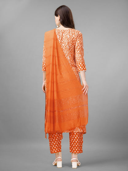 Orange Colour Rayon Print With Embroidery and Fancy Lace Work Kurti Pant Dupatta