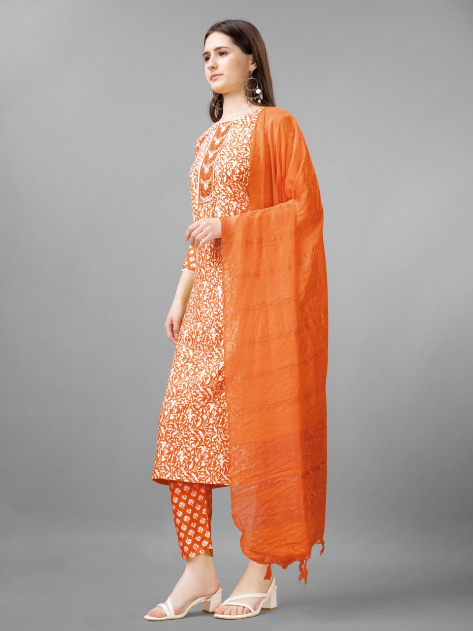 Orange Colour Rayon Print With Embroidery and Fancy Lace Work Kurti Pant Dupatta