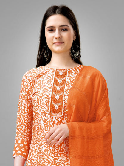 Orange Colour Rayon Print With Embroidery and Fancy Lace Work Kurti Pant Dupatta