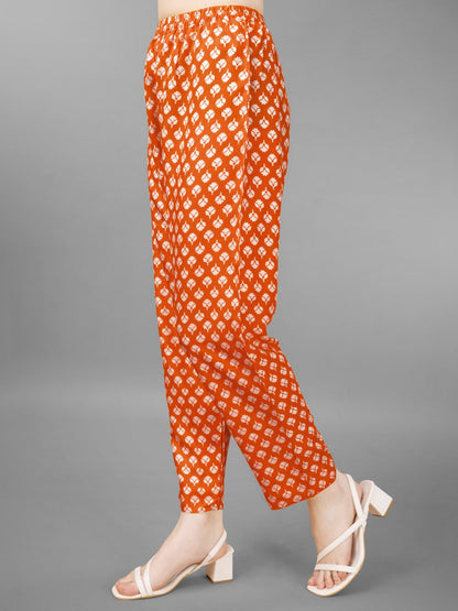 Orange Colour Rayon Print With Embroidery and Fancy Lace Work Kurti Pant Dupatta