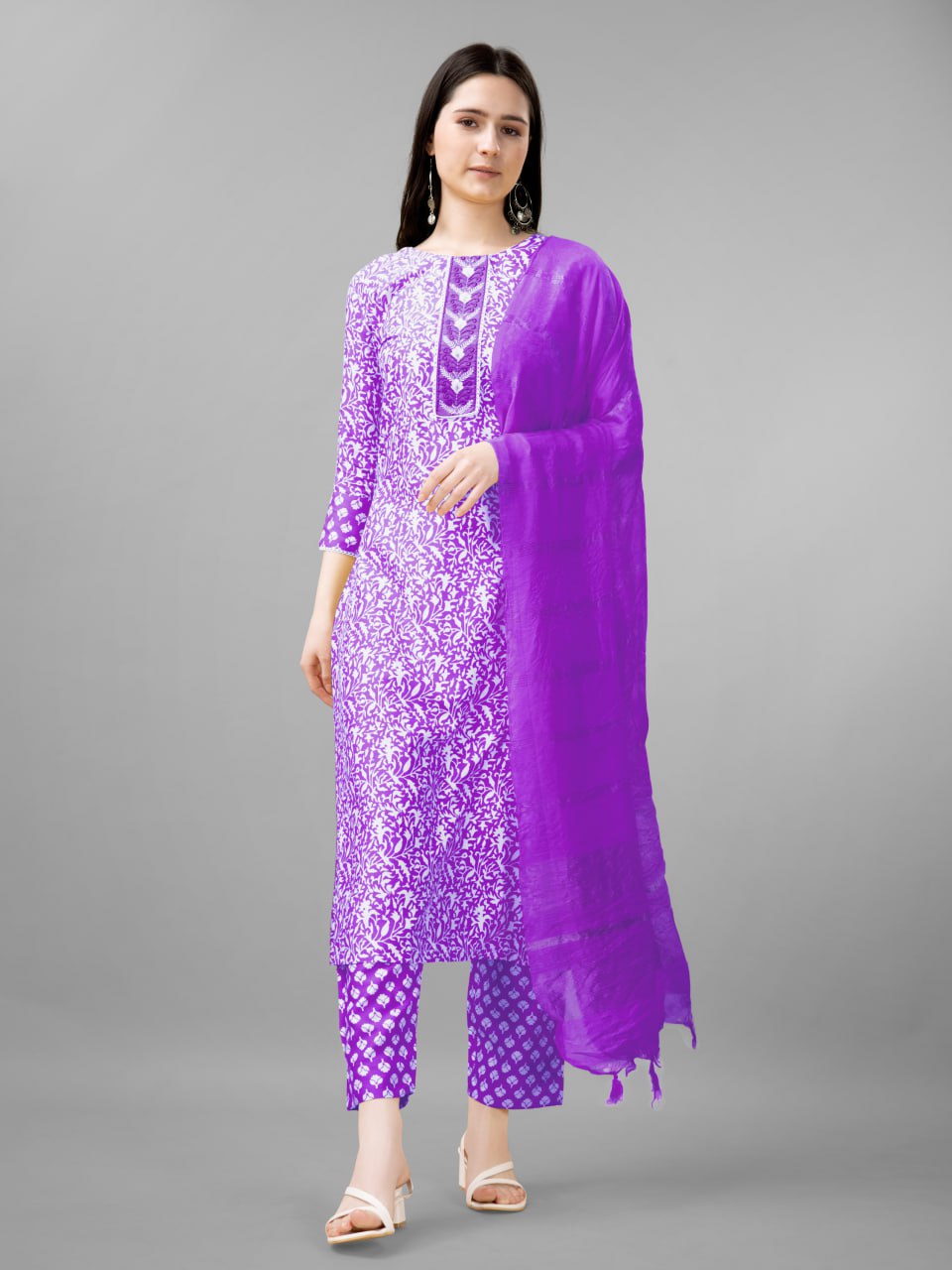 Purple Colour Rayon Print With Embroidery and Fancy Lace Work Kurti Pant Dupatta
