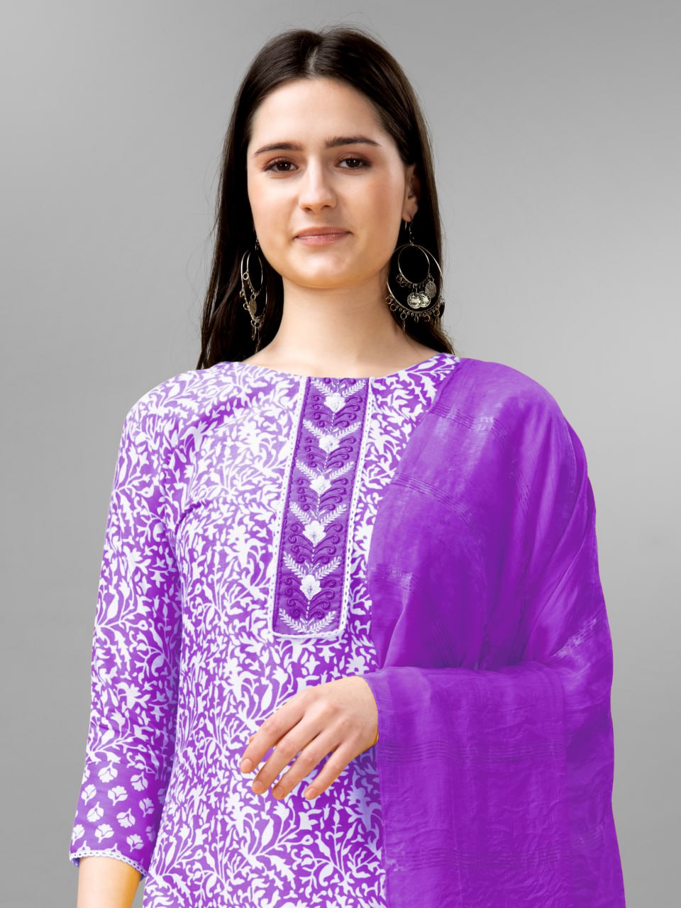 Purple Colour Rayon Print With Embroidery and Fancy Lace Work Kurti Pant Dupatta