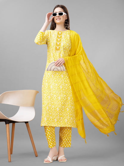 Yellow Colour Rayon Print With Embroidery and Fancy Lace Work Kurti Pant Dupatta