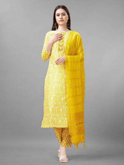 Yellow Colour Rayon Print With Embroidery and Fancy Lace Work Kurti Pant Dupatta