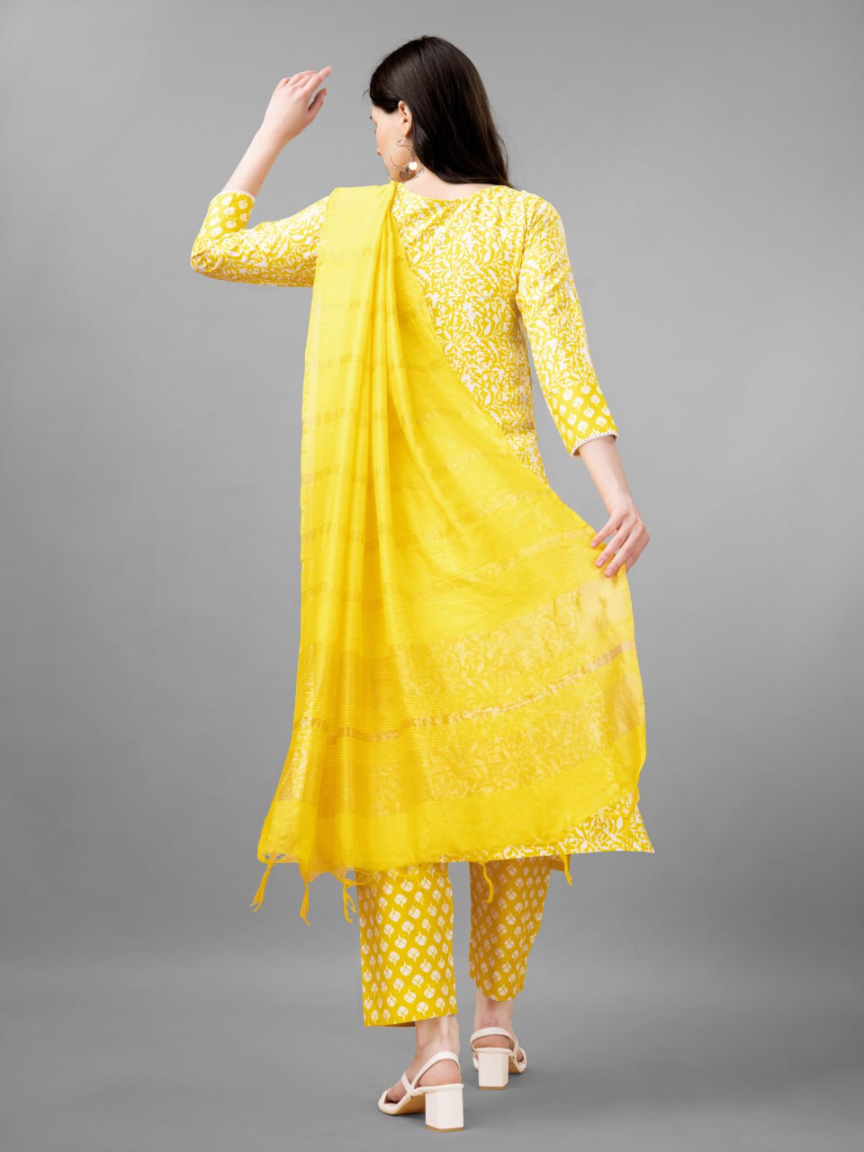 Yellow Colour Rayon Print With Embroidery and Fancy Lace Work Kurti Pant Dupatta