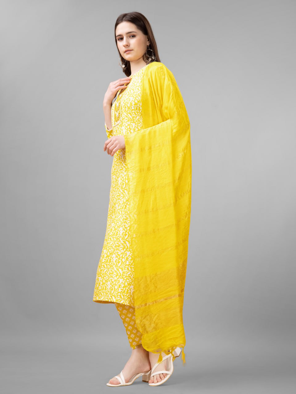 Yellow Colour Rayon Print With Embroidery and Fancy Lace Work Kurti Pant Dupatta