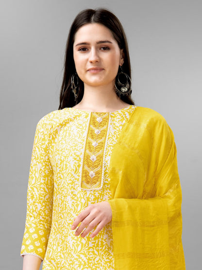 Yellow Colour Rayon Print With Embroidery and Fancy Lace Work Kurti Pant Dupatta