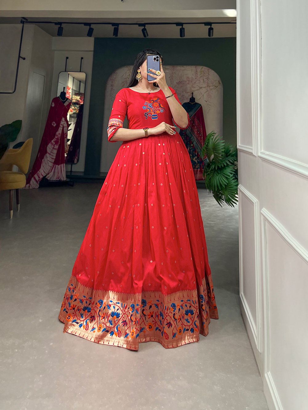 Red Color Jacquard silk Paithani Dress Gown