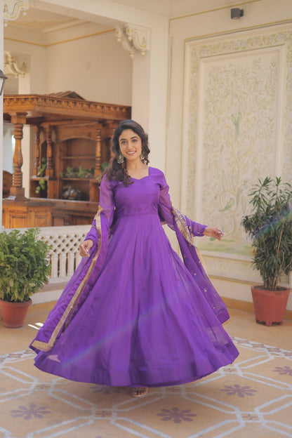 Purple Russian Silk Gown Dupatta With Attractive Embroidered Sequins Work With Lace Border