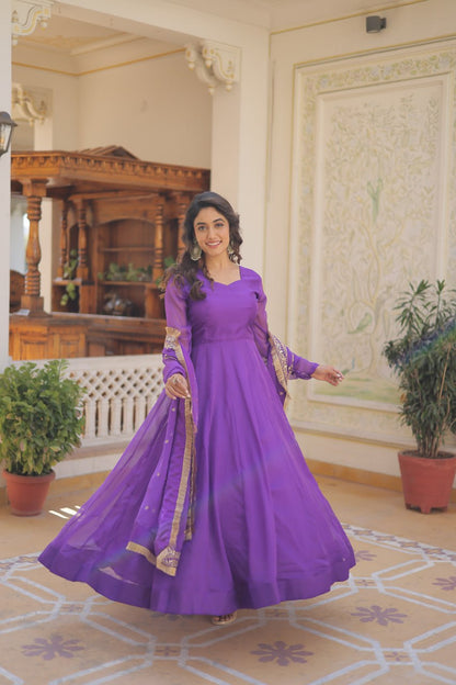 Purple Russian Silk Gown Dupatta With Attractive Embroidered Sequins Work With Lace Border