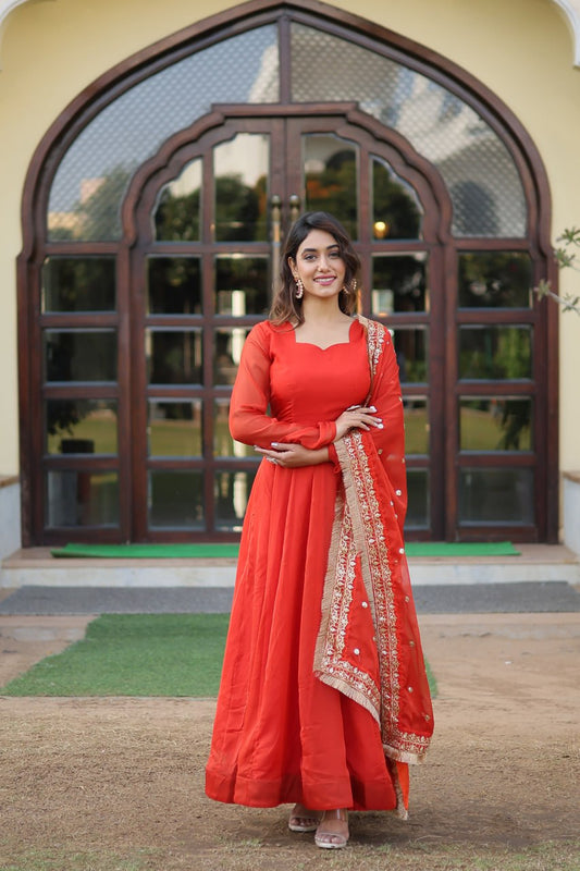 Orange Russian Silk Gown Dupatta With Attractive Embroidered Sequins Work With Lace Border