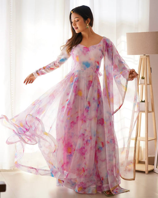 Baby Pink Color Organza Taby Silk Heavy Quality Fabric With Digital Print Gown