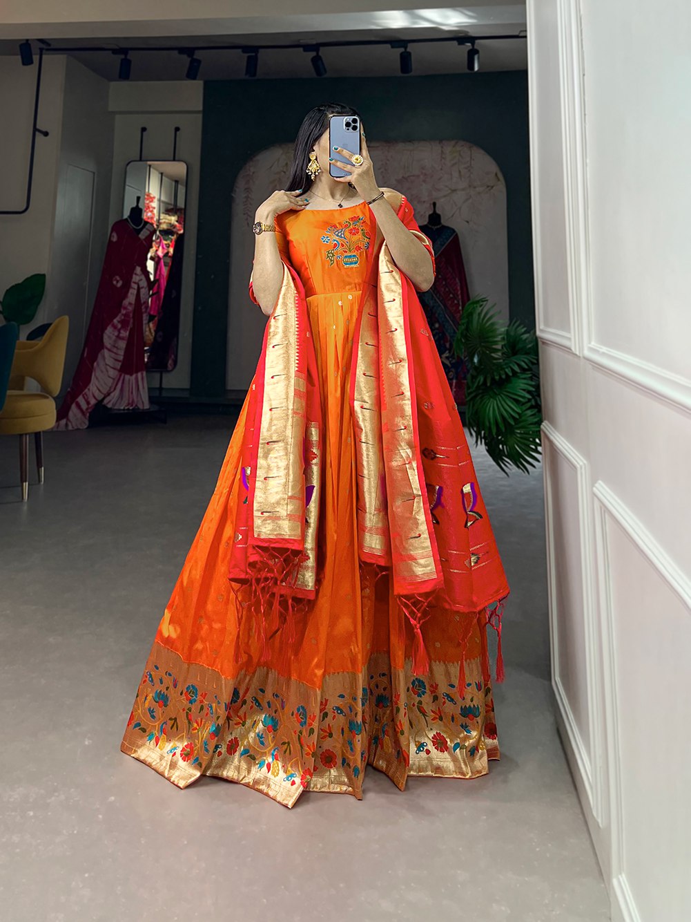 Orange Color Zari Weaving Work Jacquard Silk Dress