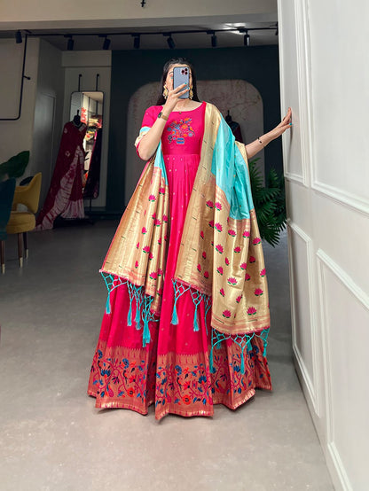 Pink Color Zari Weaving Work Jacquard Silk Dress