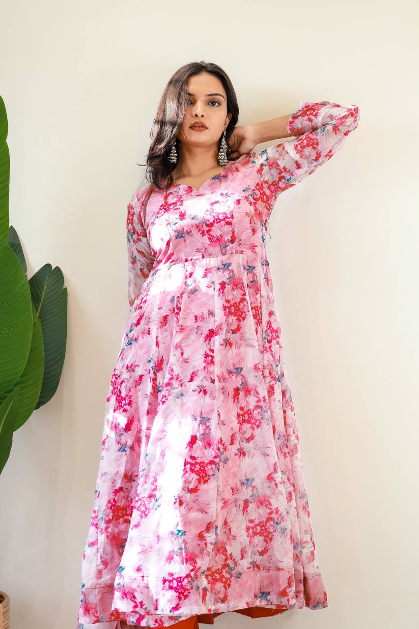 Pink Color Organza Taby Silk With Digital Print Gown With Dupatta