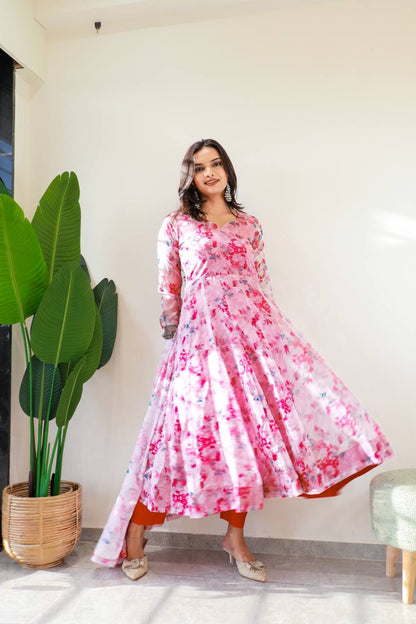 Pink Color Organza Taby Silk With Digital Print Gown With Dupatta