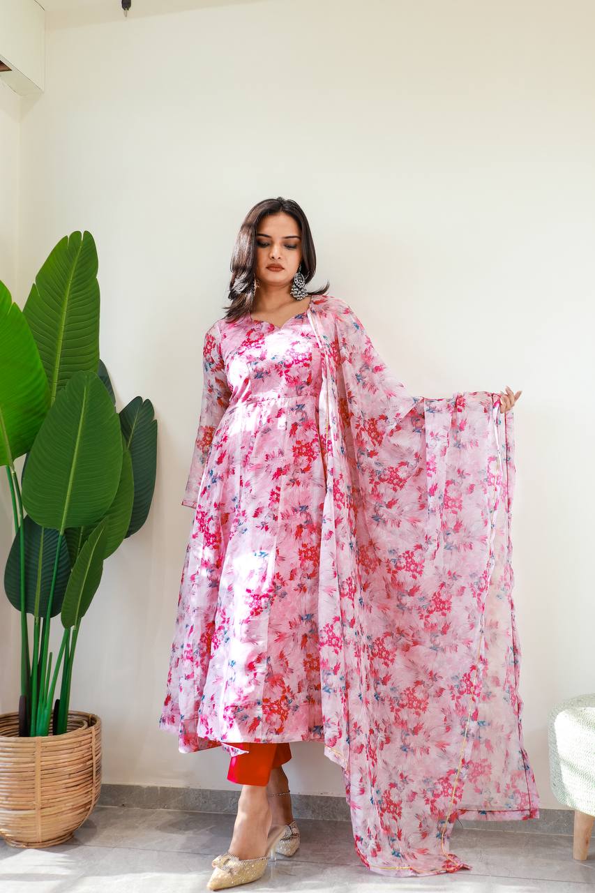 Pink Color Organza Taby Silk With Digital Print Gown With Dupatta