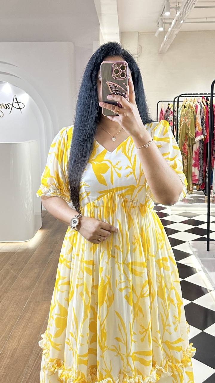 YELLOW COLOR HEVAY GERORRGET WITH DIGITAL PRINT SUMMARY SPECIAL FROCKS