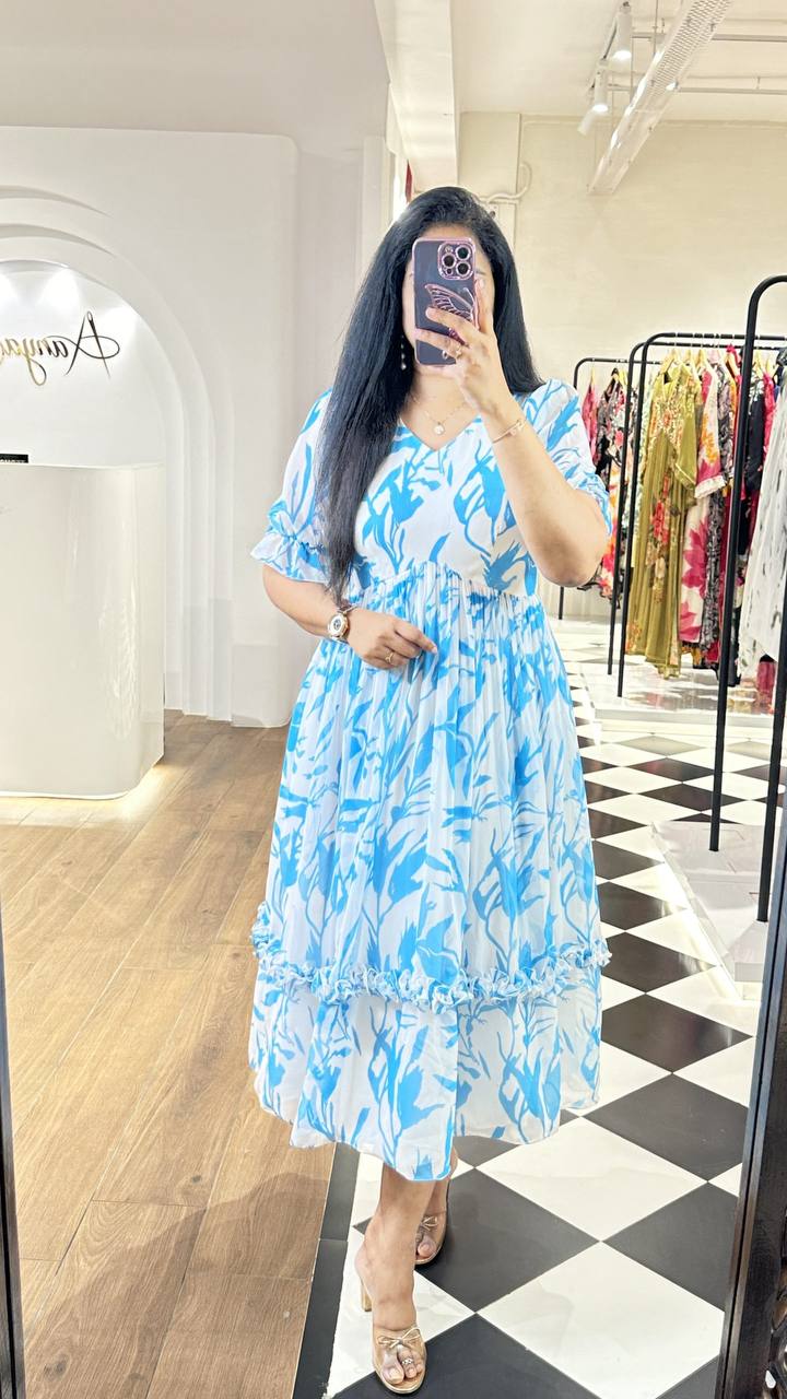 SKY BLUE COLOR HEVAY GERORRGET WITH DIGITAL PRINT SUMMARY SPECIAL FROCKS