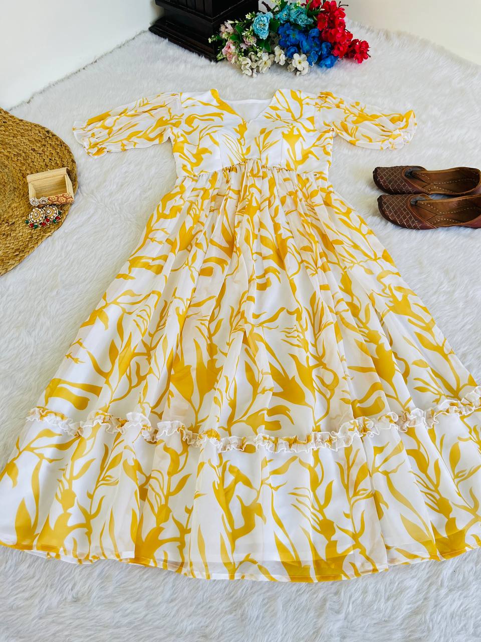 YELLOW COLOR HEVAY GERORRGET WITH DIGITAL PRINT SUMMARY SPECIAL FROCKS