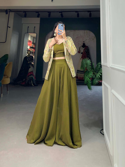 Olive Green Color Plain With Printed Georgette Plazzo With Shrug