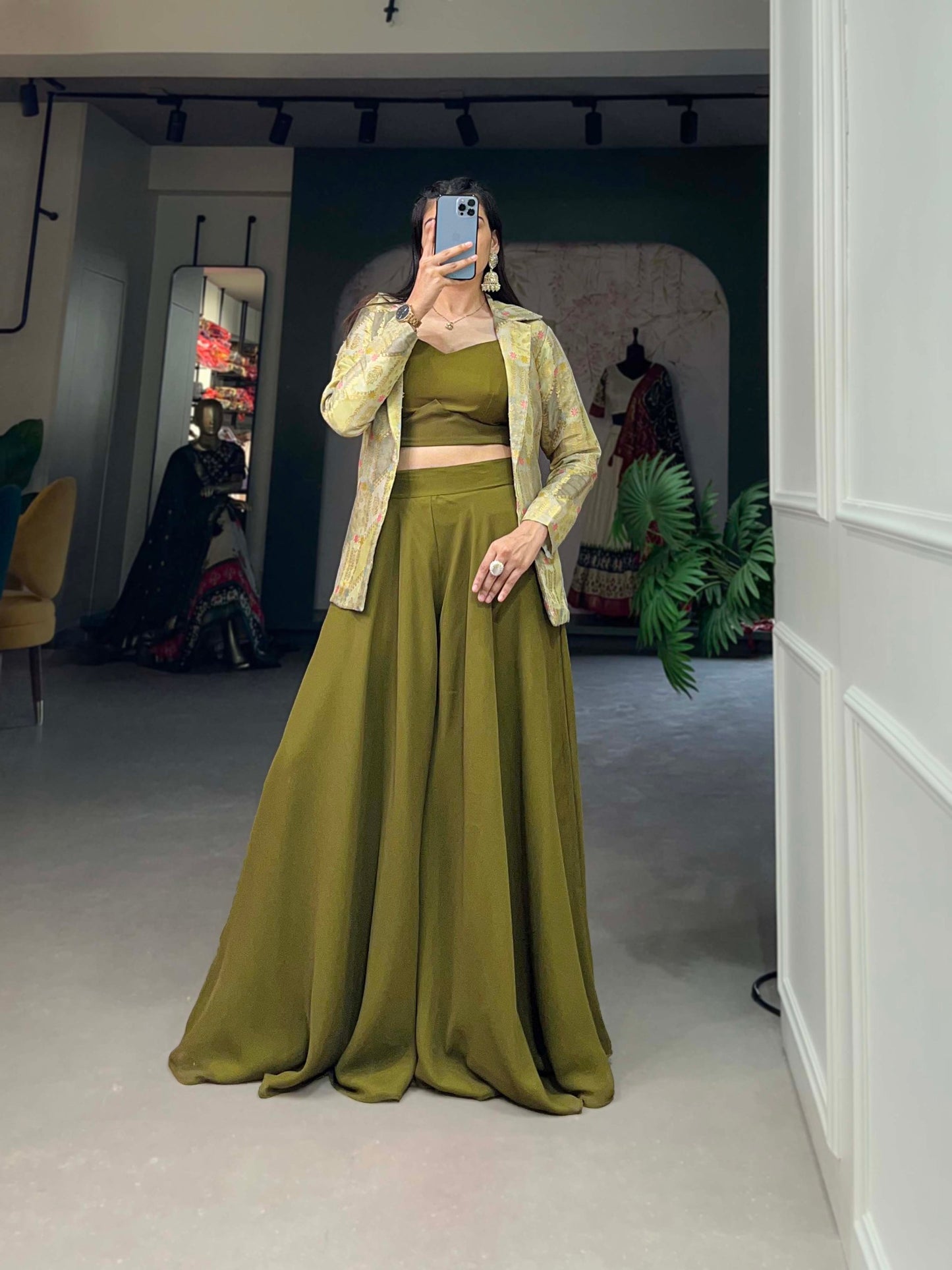 Olive Green Color Plain With Printed Georgette Plazzo With Shrug