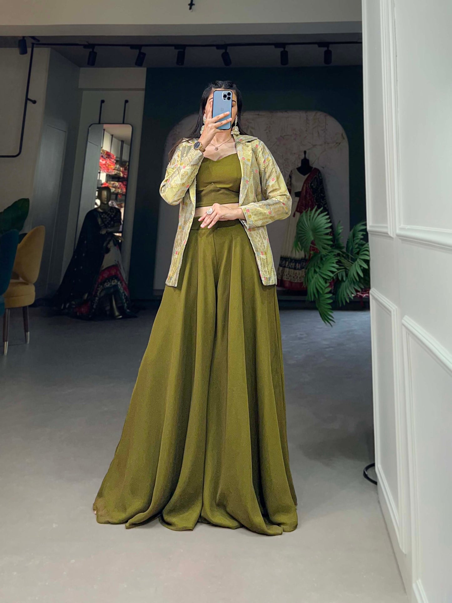 Olive Green Color Plain With Printed Georgette Plazzo With Shrug