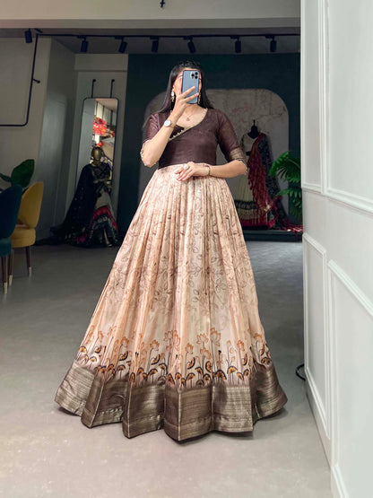 Brown Color Printed With Weaving Border Tussar Silk Dress